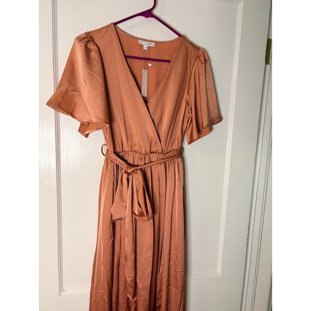 Baltic Born light pink Satin Flutter Sleeve Maxi Dress NWT Small Wedding Guest